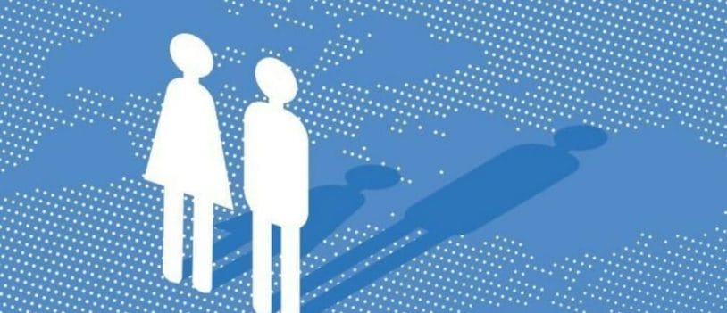 Gender gap, due figure stilizzate che rappresentano un uomo ed una donna le cui ombre proiettate sono una piu corta dell'altro a simboleggiare i meno diritti e tutele