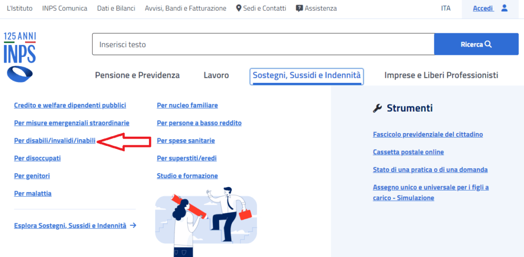 Come ottenere la disability card, l'immagine mostra come ottenerla ed attivarla sul sito web dell' INPS