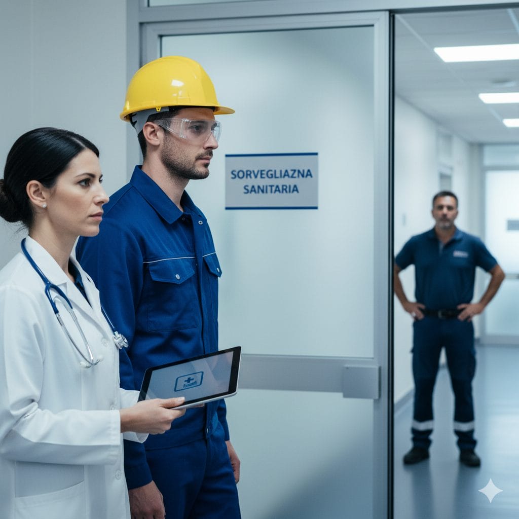 n primo piano, di tre quarti, un lavoratore in abiti da lavoro (caschetto o giubbotto alta visibilità, oppure divisa neutra tipo GPG senza loghi) cammina accanto al medico competente. Il medico tiene una cartellina o tablet con visibile (ma non leggibile) un’icona a forma di croce/medical chart.Sullo sfondo sfocato, si intravedono: una porta con targa “Ambulatorio medico” o “Sorveglianza sanitaria”; un preposto o responsabile alla distanza, che osserva ma non minaccia (mani sui fianchi, postura seria). Atmosfera: luce naturale o da ufficio, toni freddi/azzurrini, clima serio ma non drammatico. Il focus dev’essere sul fatto che si tratta di una procedura formale, non di un arresto.